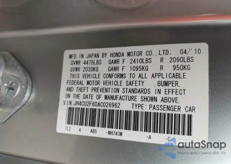 2010 Acura Tsx 2.4 из США, поврежденный, VIN JH4CU2F60AC026962